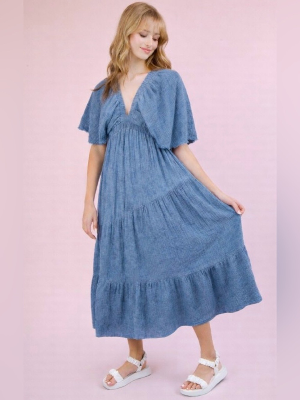221. Very J Dusty Blue V-Neck Tiered Maxi Dress